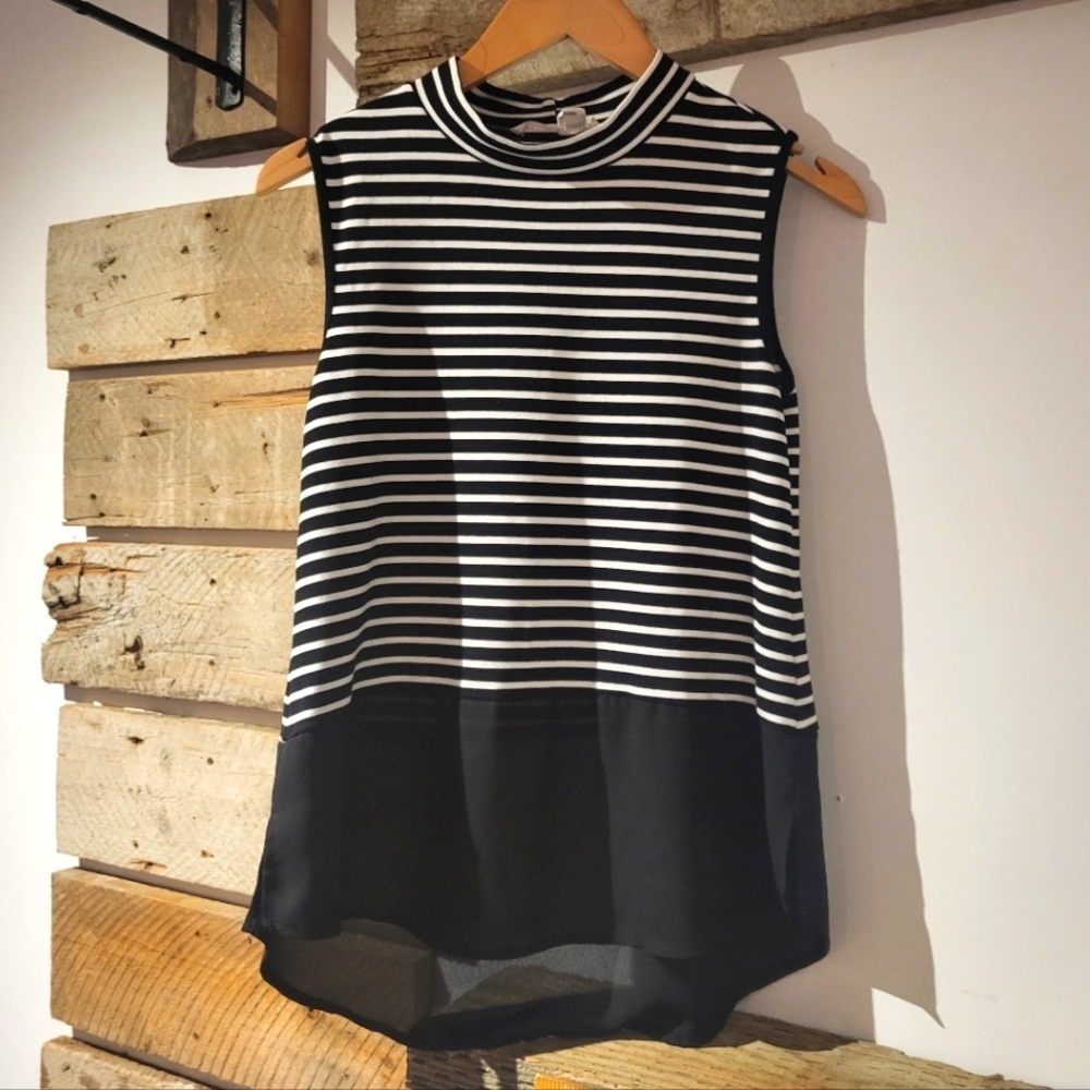 Melissa Nepton Black and White Striped Sleeveless Top With Sheer Bottom